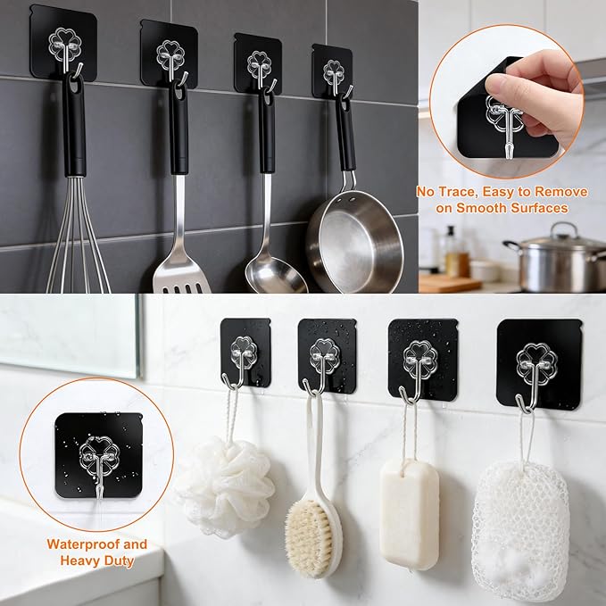 DDMY Black Heavy Duty Adhesive Hooks 2026 Upgraded 50lbs（Max） Sticky Wall Hooks for Hanging 12 Pack No Damage Hook Strong Waterproof Bathroom, Kitchen, Shower,Ceiling, Office and Outside Decor Hanger
