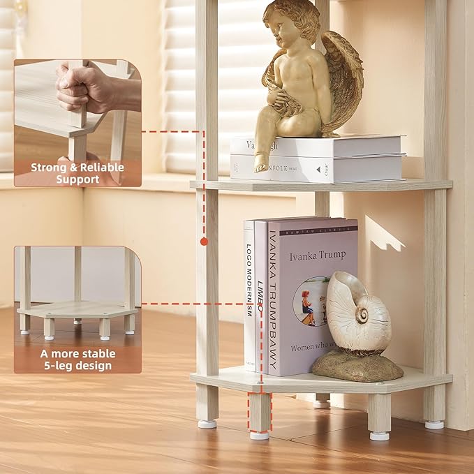 YUFAM 4-Tier Corner Shelf, Grey White | Wooden Corner Bookshelf for Small Spaces, Corner Standing Shelf with Sturdy 5-Leg Base