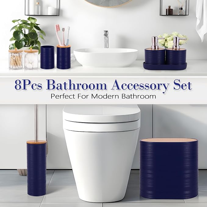 10 PCS Navyblue Bathroom Accessories Set with Trash Can Bathroom Accessory | All-in-One Kit with Trash Can,Toothbrush Holder,Soap Dispenser,Toothbrush Cup,Vanity Tray,Soap Dish,Toilet Brush etc for Home