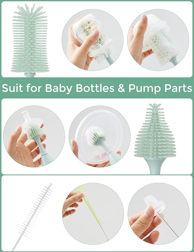 Momcozy Baby Bottle Brush Kit, Push-Press Foam Design, Green | Portable for Home & Travel, Bottle Cleaner Brush for Breast Pumps & Nipple, Newborn Essentials, Food-Grade BPA-Free
