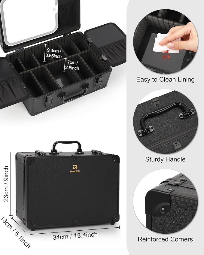 Relavel Makeup Case, Makeup Bag with LED Mirror Makeup Organizer Large Cosmetic Bags Travel Train Case for Women, Portable Vanity Makeup Box with Rechargeable Light up Mirror and Adjustable Dividers