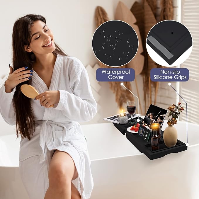 Foldable Bathtub Tray Caddy with Soap Dish Adjustable 29.5-43''Black | Bamboo Bath Table Trays with Non-slip Pads, Wine Glass Holder, Adjustable Tablet Book Stand, Spa Bath Essentials Organizer