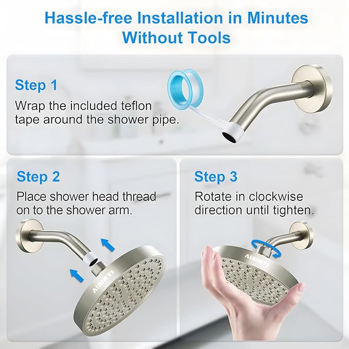 6" Rain Shower Head & 6" Shower Arm, Luxury Brushed Nickel Finish | High Pressure 6 Inch Fixed Showerhead, Adjustable Replacement, 90 Nozzles, Removable Restrictor, Tool-Free Easy to Install
