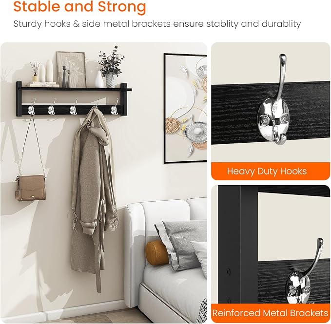Coat Rack Wall Mount with Shelf, 24" Long Entryway Shelf with Hooks Underneath, Wooden Coat Hanger for Hanging Hats, Bathroom Towels, Clothes, Black