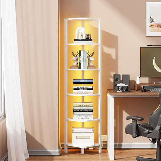 TUTOTAK Corner Shelf with LED Light, 6-Tier Corner Bookshelf | for Small Space, Narrow Display Corner Shelf Stand with Storage Rack, for Living Room, Bedroom, White BS08BW006L