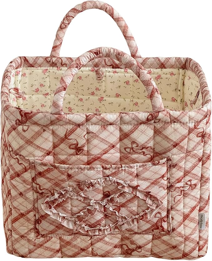 Storage Basket Boho Fabric Large Collapsible Floral Laundry Nursery Hamper Portable Folding Storage for Clothes Toys (Red Bow)