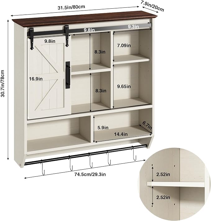 RUSTOWN Farmhouse Bathroom Wall Storage Cabinet with Sliding Barn Doors | 3-Tier, Rustic Wood Wall Mounted Cabinets, Vintage Medicine Cabinet, Adjustable Shelves, Over The Toilet Storage Cabinet