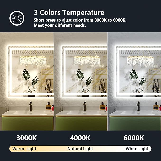 60x38 Inch LED Bathroom Mirror with Lights Front and Backlit Lighted Vanity Mirror for Bathroom Wall with 3 Colors Dimmable Anti-Fog Memory Shatter-Proof IP54 Waterproof Horizontal/Vertical