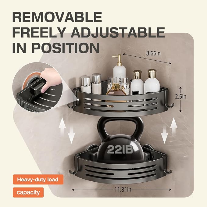 Lekesky Corner Shower Caddy Suction Cup, Shower Corner Shelf with a Towel Bar, No Drill shower rack, bathroom shelves for Organizers and Storage, Shower Shampoo Holder(Aluminum, 2-Pack, Gunmetal Gray)