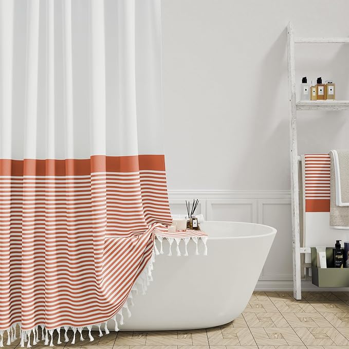 Orange Fabric Shower Curtain, Farmhouse Boho Striped Tassel Shower Curtain for Bathroom, Bohemian Textured Cloth Shower Curtain Set with Hook, Water Repellent, Wrinkle Free, 72x72