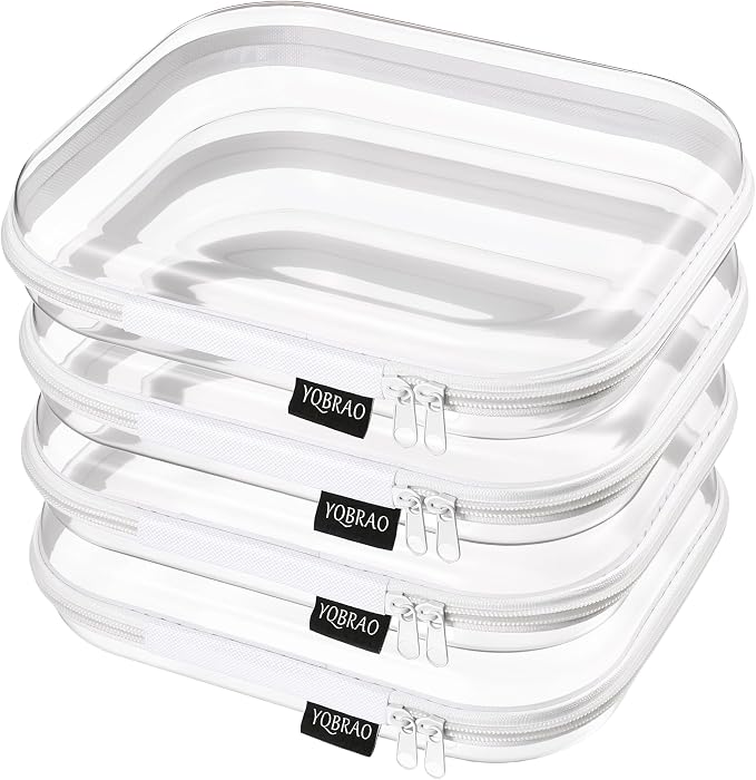 YQBRAO Clear Hard Shell Zipper Cases, 4 Medium Makeup Organizers, White | Rigid 1.2 mm PET and YKK dual zippers for skincare, toiletries, chargers, notebooks and daily essentials