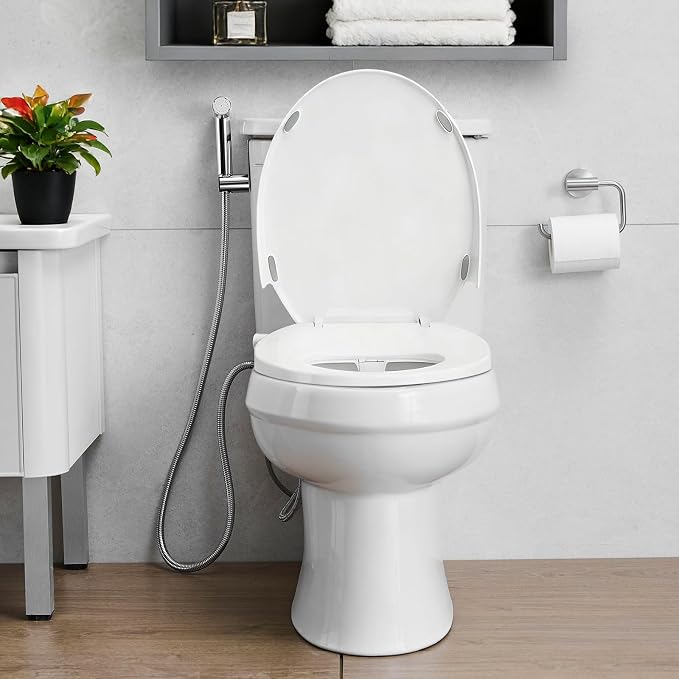 Bidet Toilet Seat for Elongated Toilets and Sprayer Handheld Toilet Adjustable Water Pressure and Self-Cleaning Dual NozzlesExclusive Single Nozzle High Pressure Mode for Cleaning Stubborn Stains