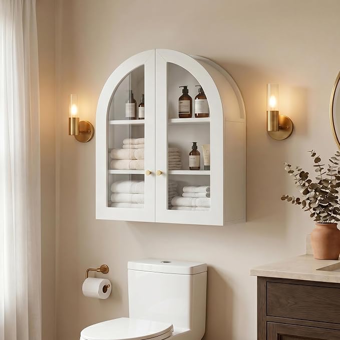 Arched Wall Cabinet, Bathroom Cabinet Wall Mount with Glass Doors & Adjustable Shelf, Floating Medicine Cabinet for Bathroom, Kitchen, Living Room Storage, White