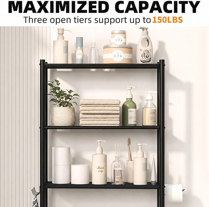 GloTika 3-Tier Over Toilet Storage, Anti-Tilt, 64" H, Black | Anti-Tilt Safety System, 150lb Capacity, Carbon Steel, Freestanding, No Drilling, Anti-Rust Coating, Paper Holder & 4 Hooks