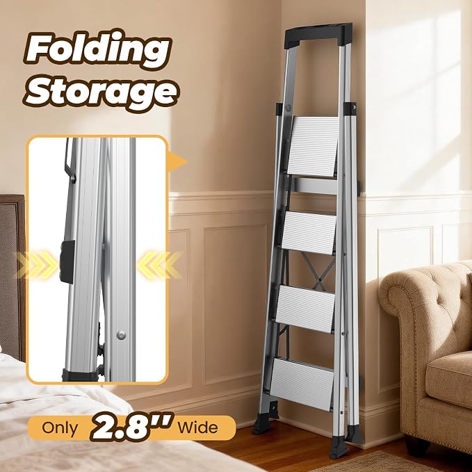 HBTower 4 Step Ladder, Lightweight Aluminum Folding Step Stool | Anti-Slip Wide Pedal, 330lbs Capacity Step Ladder for Household Kitchen Office, Silver
