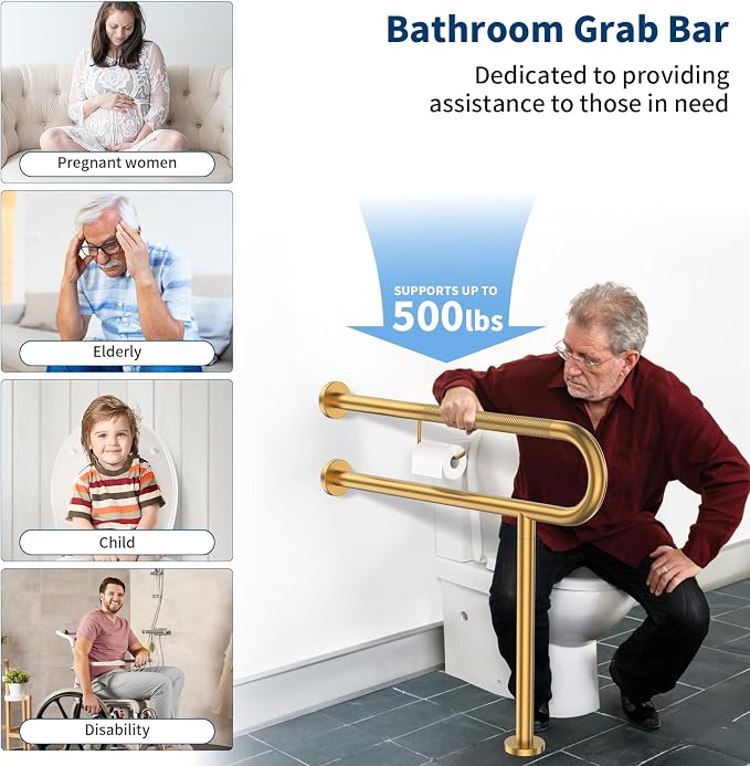 ZUEXT 31.5x28 Inch Gold Knurled Toilet Grab Bar with Toilet Paper Holder | Wall to Floor, Anti-slip Handicap Grab Bar, Stainless Steel Bathroom Support Rail with Leg, For Elderly Disabled Pregnant