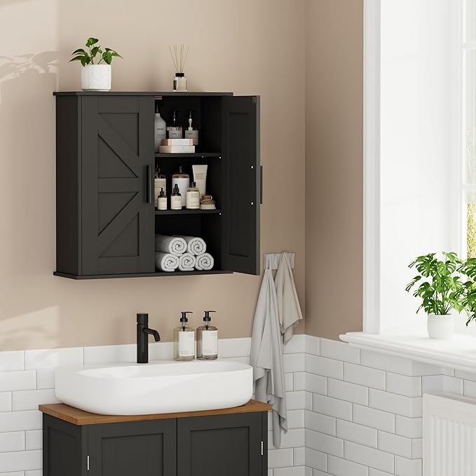 Homleke Bathroom Wall Cabinet, Medicine Cabinet with Adjustable Shelves | 3-Tier Wall Mounted Over Toilet Storage with Barn Doors, for Bathroom, Kitchen, Entryway, Laundry Room, Black, (7.9" D)