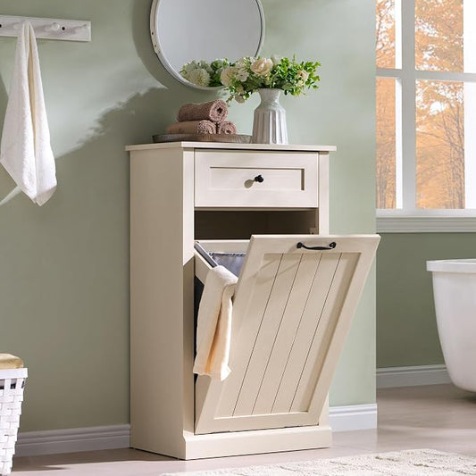 IFBUY Tilt Out Laundry Hamper Cabinet, Trash Can Cabinet, Cream | 10 Gallon Farmhouse Trash Cabinet w/Drawer, Hidden Wood Garbage Can Cabinet w/Laundry Storage Basket for Bathroom, Kitchen