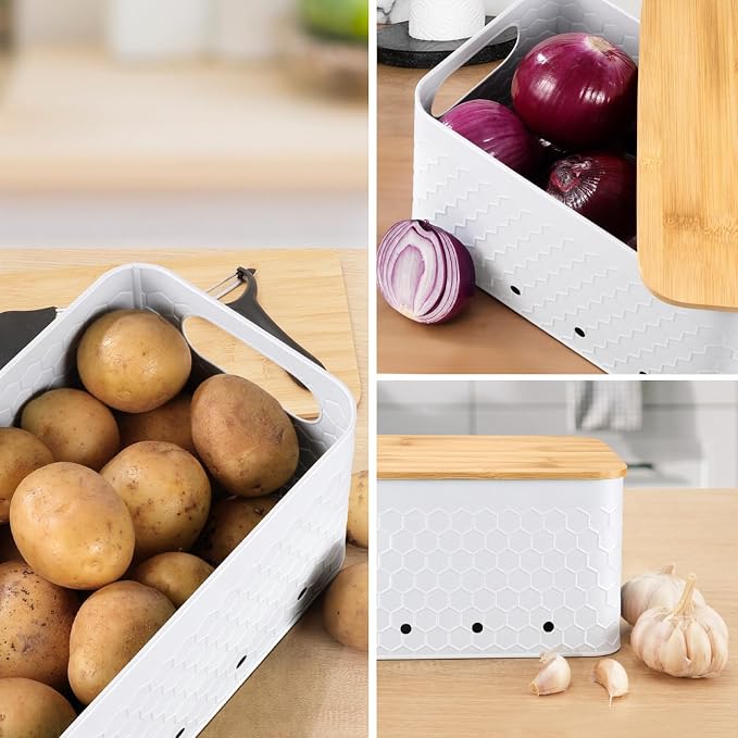Kitchen Vegetable Storage Set of 3, Metal Onion Garlic Potato Storage Set, Kitchen Canisters Vegetable Keeper Containers with Aerating Holes and Bamboo Lid,Embossed White
