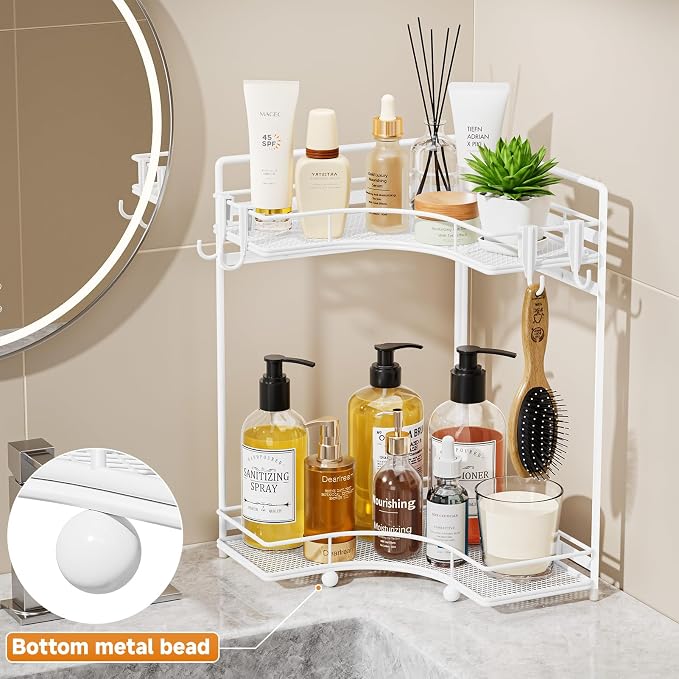VITVITI 2-Tier Corner Bathroom Counter Organizer, Bathroom Countertop Organizer Storage for Sink, Metal Mesh Makeup Organizer for Vanity Countertop Kitchen with Hooks,White