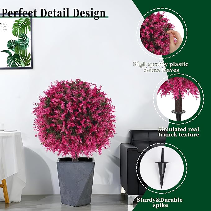 2Pcs Artificial Pink Eucalyptus Topiary Ball Trees,Fake Bushes | Fake Evergreen Plants with Ground Spike,UV Resistant, No Maintenance,Faux boxwood for Outdoor Indoor Front Porch Garden Decor