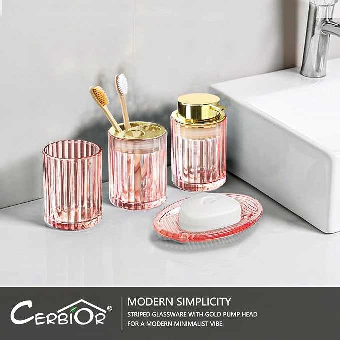 CERBIOR Bathroom Accessories Set, 4 PCS Glass Bathroom Set,Golden Pink | Includes Soap Dispenser, Toothbrush Holder, Toothbrush Cup, Soap Dish for Decorative Countertop and Housewarming Gift