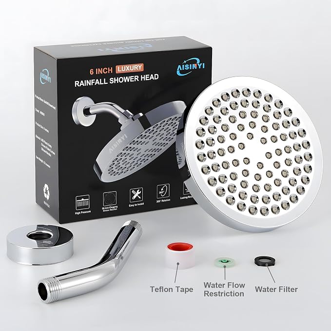 6" Rain Shower Head & 6" Shower Arm, Luxury Polished Chrome Finish | High Pressure 6 Inch Fixed Showerhead, Adjustable Replacement, 90 Nozzles, Removable Restrictor, Tool-Free Easy to Install