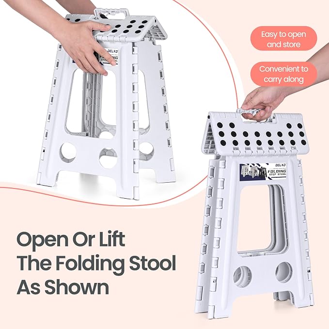 Delxo 17.5 Inch Folding Step Stool,Foldable Step Stool for Adults White | Step Stool with Safety Lock,Portable Collapsible Step Stool,Non-slip Folding Stools for Kitchen Bathroom Bedroom Garden 1PC