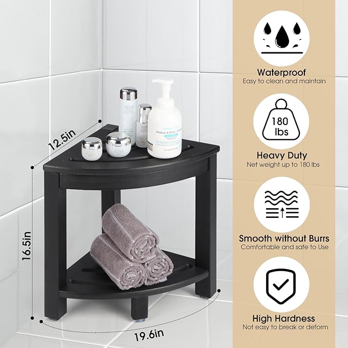 Apolimi HDPE Corner Shower Stool,Shower Bench Seat with Storage Shelf for Shaving Legs Plastic Spa Bath Step Foot Rest for Bathroom Small Place (Black)