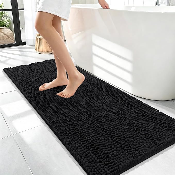 OLANLY Thick Bathroom Runner Rugs 47x17, Soft Chenille Bath Rugs, Black | Absorbent Striped, Rubber Backing, Machine Wash, Long Bath Mats for Bathroom Floor, Tub and Shower, Home Decor Accessories