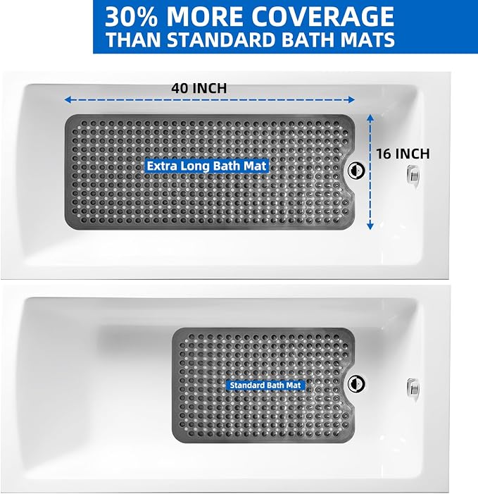 MOONFLY Shower and Bathtub Mat, 40x16 Inches, Translucent Black | Extra Long Non Slip Mats with Suction Cups,Drain Holes, Machine Washable ,Anti Slip Bathmats, Bathroom Mats for Tub Nonslip