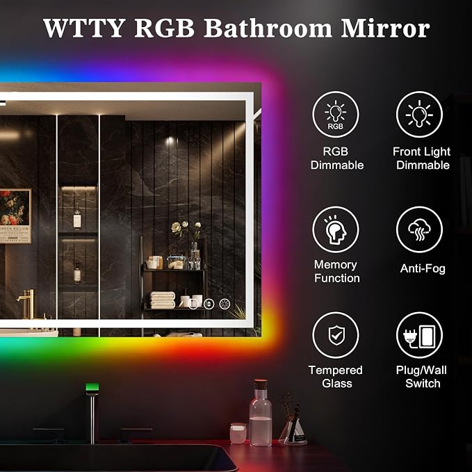 WTTY 60"x36" RGB LED Bathroom Mirror with Light | 8 Color Backlight + 3 Color Front Light, Anti-Fog, Dimmable, Memory Function, Tempered Glass, IP54 Waterproof, ETL Listed