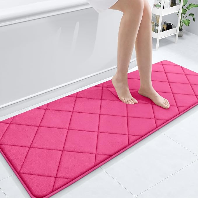 OLANLY Memory Foam Bath Mat 59x20, Ultra Soft and Absorbent Bathroom Rugs | Deep Pink, Quick Dry, Machine Washable Shower Bath Rugs, Comfortable Bath Carpet for Bathroom Floor, Tub and Shower