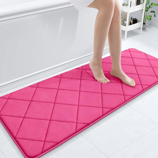 OLANLY Memory Foam Bath Mat 59x20, Ultra Soft and Absorbent Bathroom Rugs | Deep Pink, Quick Dry, Machine Washable Shower Bath Rugs, Comfortable Bath Carpet for Bathroom Floor, Tub and Shower