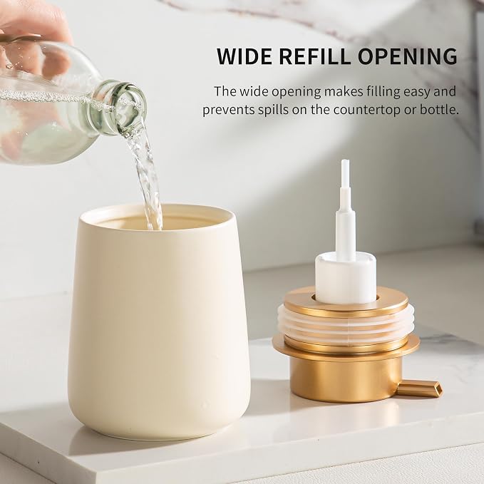 Enra Foam Soap Dispenser, Beige Foaming Hand Soap Dispenser Gold Pump | 12oz Refillable Design with Easy-Press Pump.Modern Style Enhances Sinks,Countertops, Kitchens and Bathroom Spaces.