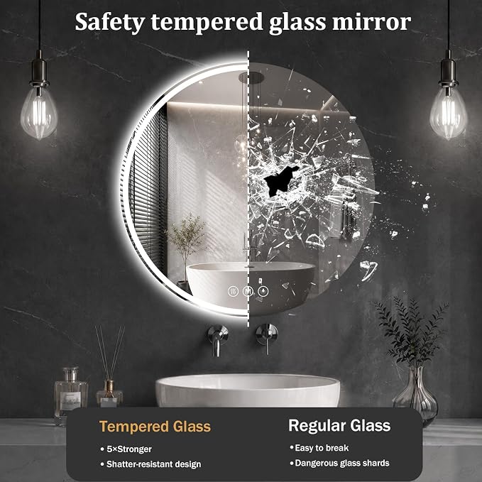 Round LED Bathroom Mirror, 24 Inch, HD Shatterproof Tempered Glass | Lighted Bathroom Mirror with Dimmable Lights Bathroom Mirror with Lights for Wall, 3 Color Temperatures