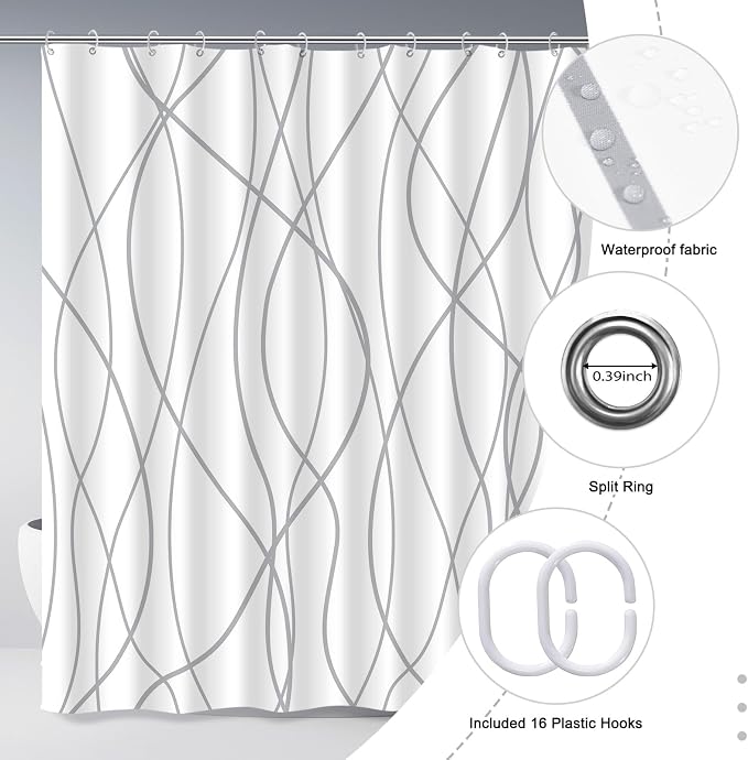 Striped Shower Curtain for Bathroom, Grey White, 96" W x 72" L | with Hooks, Modern Hotel Style, Water Repellent, Washable, Weighted Hem