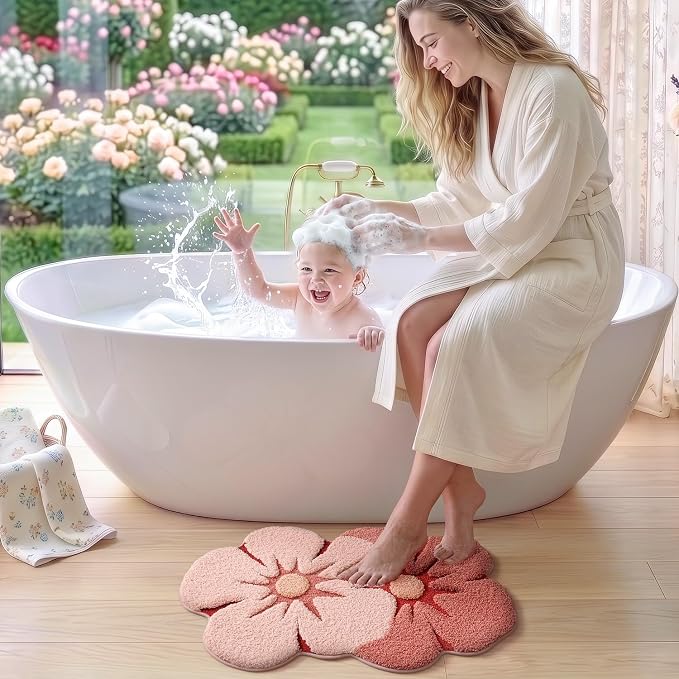 LUMI Flower Bathroom Rug, Absorbent Non Slip Bath Mat, 24"x36", Pink Flower | Funny Soft Plush Microfiber Rug, Quick Dry, Washable Cute Pink Bath Mats for Shower Floor, Sink Bathtub, Bedroom, Kids Room