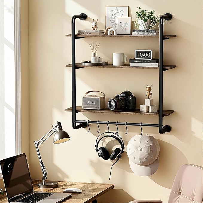 3 Tier Industrial Pipe Floating Shelf, 24" Kitchen Wall Shelves | with Towel Bar & 6 Hooks, Coffee Bar Shelves Display Bookshelf Wall Shelf for Kitchen, Bathroom, Home Décor, Rustic Brown