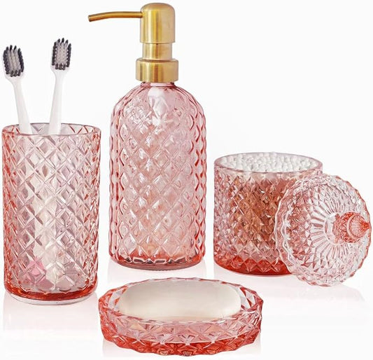 LaMarriti Pink Bathroom Accessories Set, 4Pcs Clear Glass Bathroom Set | Soap Dispenser and Toothbrush Holder Set, Soap Dish, Q-tips Holder for Crystal Glass Vintage Bathroom Decor, Gift Set