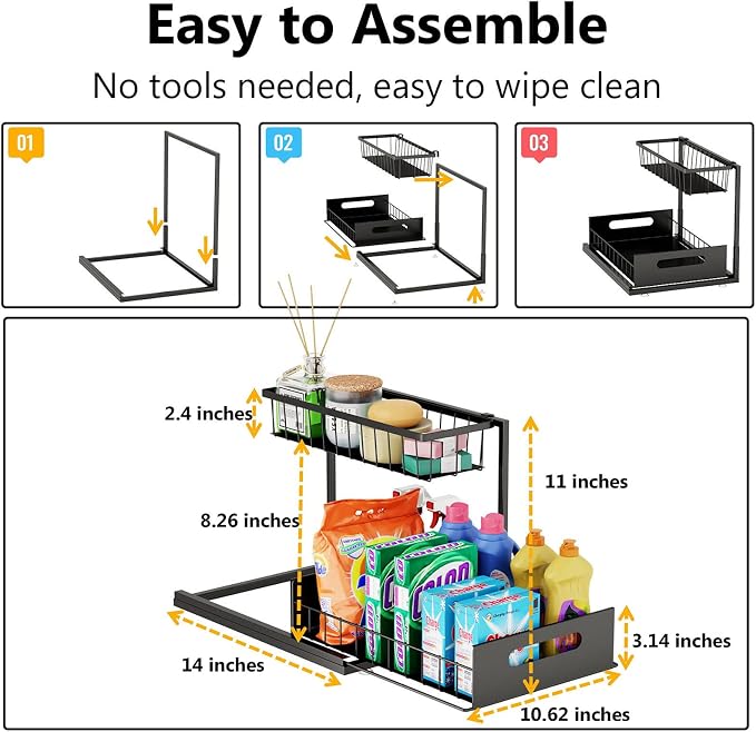 Ceetug Slide Out Under Sink Organizers and Storage, Black, 2 Pack | 2 Tier, Sturdy Metal, Cabinet Organizer, for Kitchen Bathroom