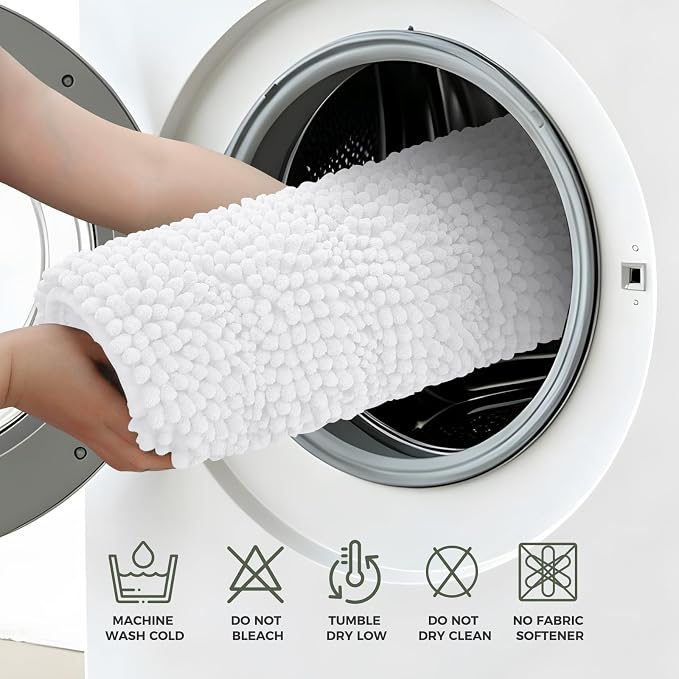 Bcoimo Bath Rug Mat,White Chenille High Absorbent Long Bathroom Runner Rugs | Non Slip with Rubber Backing Bathroom Floor Mat;High Absorbent And Quick Drying 48x30 Microfiber mats; Machine Washable Mats
