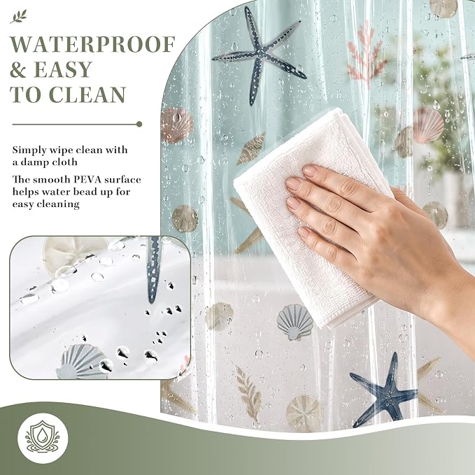 Clear Shower Curtain Liner, Starfish Seashell PEVA, 72x72 Inch | Ocean Sea Star Waterproof Bath Plastic Shower Curtains Set with 3 Weighted Magnets and 12 Hooks for Bathroom Decor