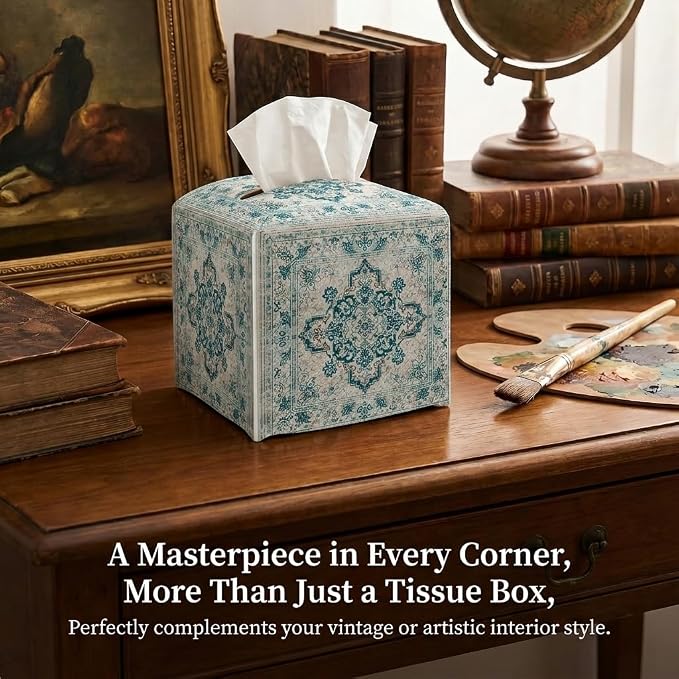 Tissue Box Cover Holder Square - Vintage Boho PU Leather Decorative Organizer, Ethnic Carpet Pattern Design Inspired, with Bottom Belt for Bathroom Car Office Tabletop Home, 5x5 Inch (Green&White)