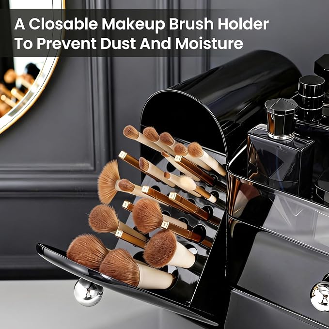 Makeup Organizer Countertop with Makeup Brush Holder,Black | Waterproof,Dustproof,Clear Drawer,Large Capacity,Storage Lipstick,Perfumes,Skincare for Vanity,Bathroom Countertop,Desk,Gift