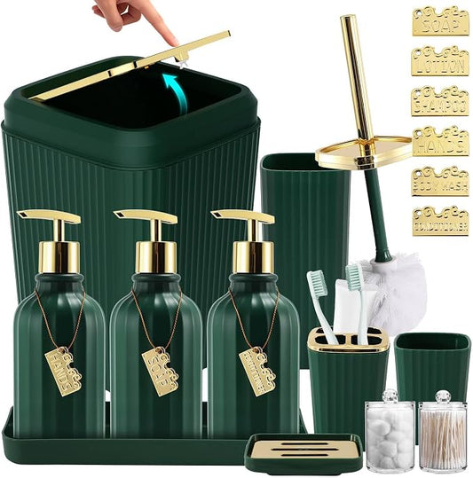 17PCS Bathroom Accessories Set, Dark Green Bathroom Set Bathroom Accessories Set with Trash Can, Toilet Brush, Toothbrush Holder, Qtip Holder & 3PCS Soap Dispenser