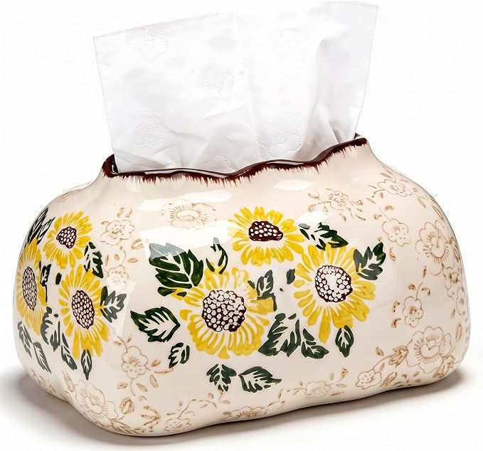 Yalikop Vintage Ceramic Tissue Holder Tissue Box Cover,Sunflower | Floral Retro Rustic Farmhouse Home Decor for Bathroom Vanity Table Living Room Bedroom Kitchen Office