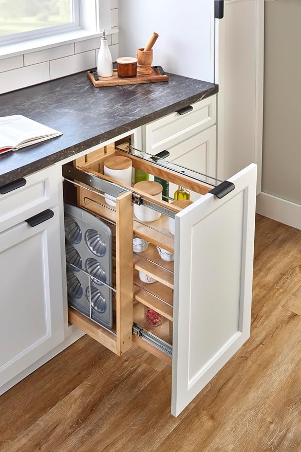 Rev-A-Shelf Maple Pullout Organizer w/Blum Soft-Close for Base Cabinets, Full Extension Slides & Adjustable Shelves, Min Opening Width of 8.5", 448-BCSC-8C