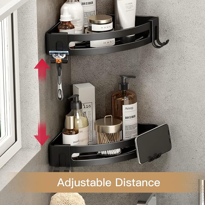 Corner Shower Caddy with Razor Holder Adhesive Shower Shelf Corner No Drilling Bathroom Corner Shower Organizer Storage Rack (2-Pack, Black)
