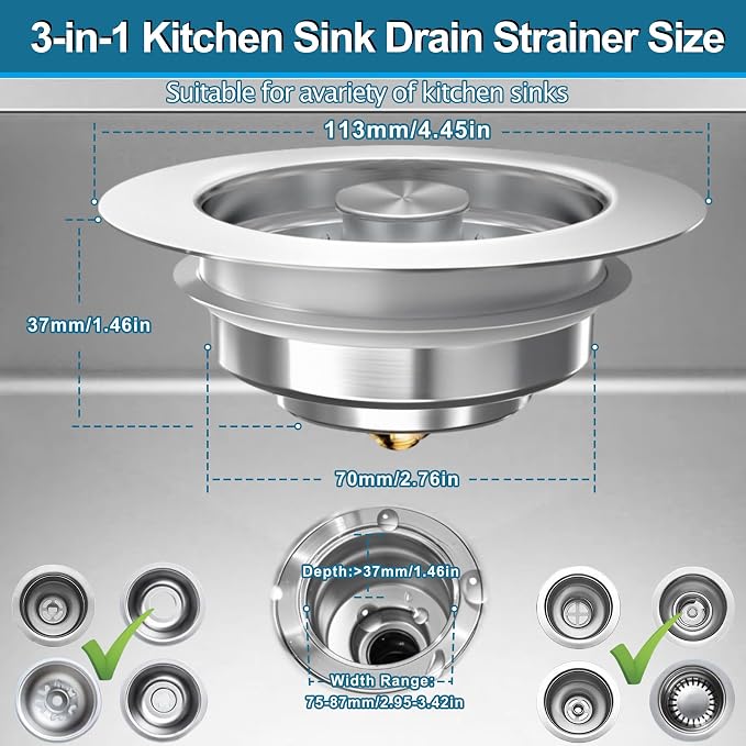 3-in-1 Kitchen Sink Drain Strainer & Stopper, Stainless Steel Food Catcher Plug with Filter Basket, Fits 3-1/2 Inch Drain Hole, Universal Sink Protector Cover, Anti-Clogging, Silver (Sus304, 1 Pack)